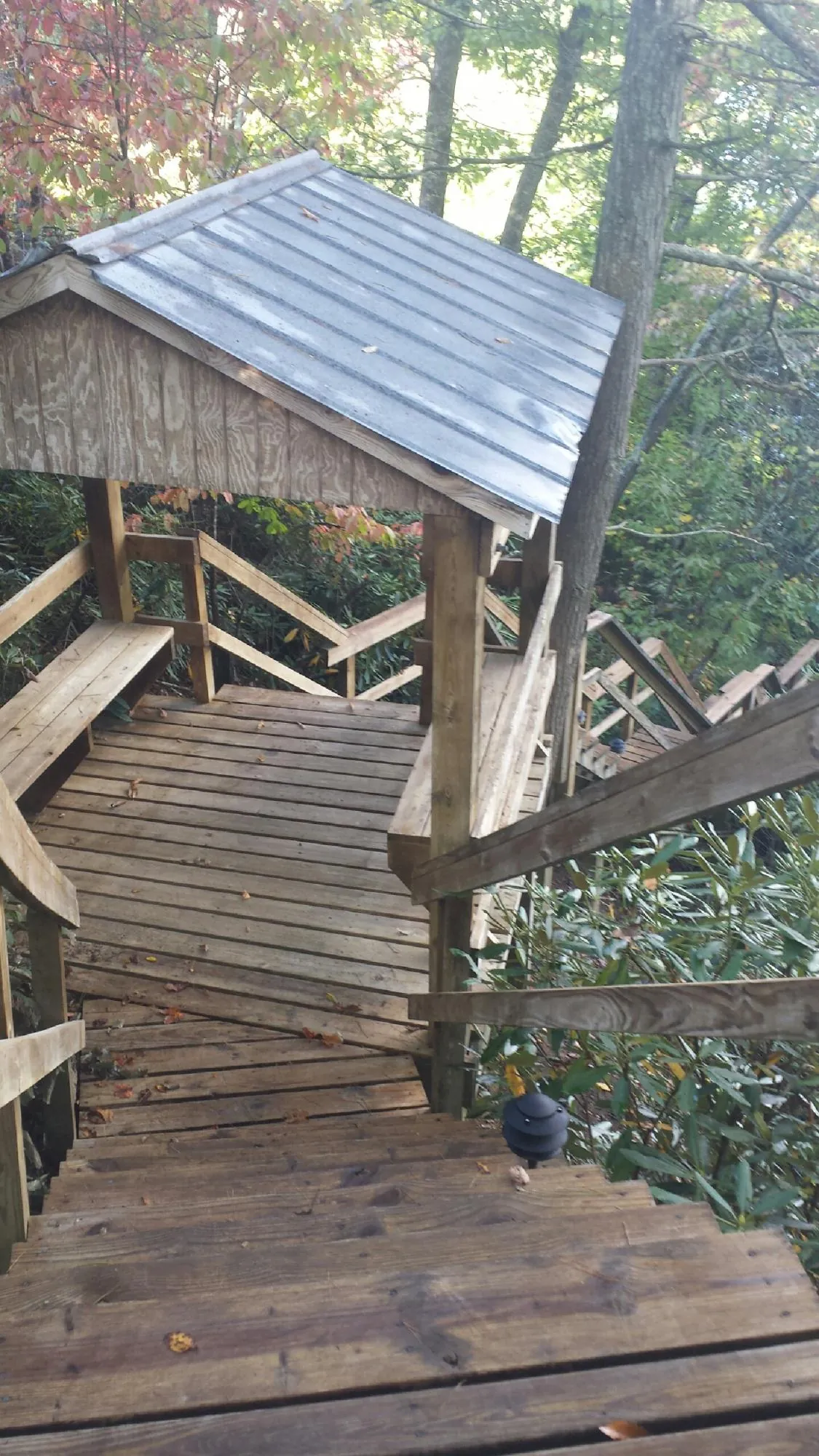 Metal roofed shelter over wooden steps on a wooded walkway — Skylight Repair & Installation work by our crew in Davenport Center